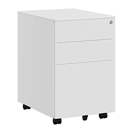SONGMICS Rollcontainer, unter Schreibtisch, 3 Schublade, vormontiert, abschließbarer Büroschrank Hängeregistratur, für Akten, Dokumente, Schreibwaren, 52 x 39 x 60 cm, weiß OFC60WT
