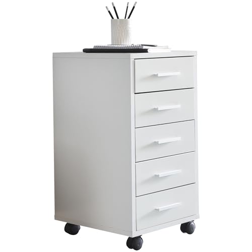 FineBuy Weiß 33 x 63 x 38 cm Schubladenschrank Schreibtisch, Büro Schrank 5, Container Rollschrank klein Standcontainer schmal, Schreibtischcontainer Rollen