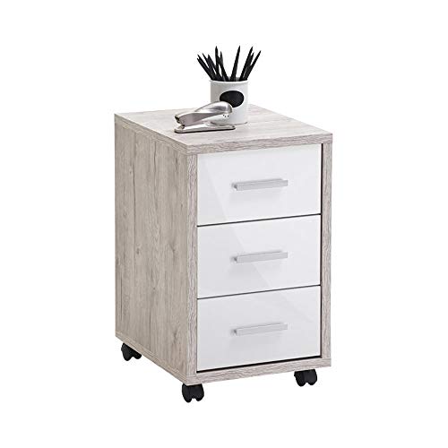 FMD furniture Rollcontainer, Spanplatte, Sandeiche/Hochglanz-Weiß , ca. 35 x 53,6 x 42 cm