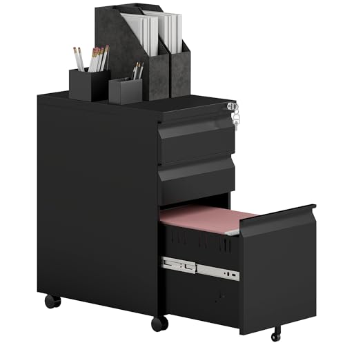 Vinsetto Rollcontainer 3 Schubladen mobiler Aktenschrank Rollen abschließbar Büroschrank Hängeregistratur, Stiftablage für Büro, Homeoffice, 30 x 43,5 x 60 cm, Schwarz