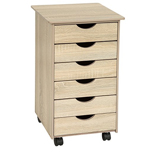 tectake®, Schubladenschrank 6x Schublade, Rollen, Büro Organizer, Schreibtisch Schrank, Rollwagen Unterschrank, Aufbewahrungsschrank Office   hell, Eiche Sonoma