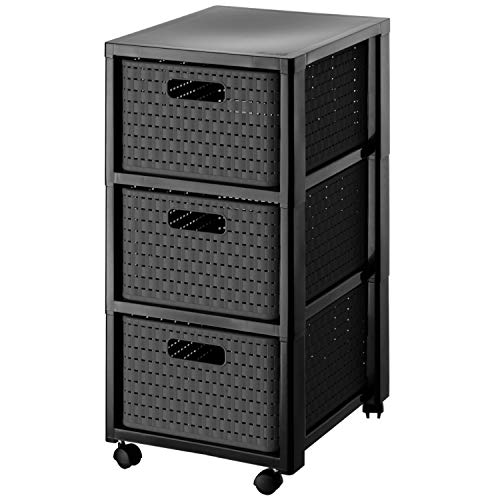 Rotho Country Rollcontainer mit 3 Schubladen in Rattan-Optik, Kunststoff (PP) BPA-frei, anthrazit, 3 x A4/18l (37,5 x 32,5 x 71,2 cm)