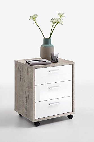 Rollcontainer  Aksha  Sandeiche Hochglanz Dekor mit 3 Schubkästen u 4 Rollen Bürocontainer Schreibtischschrank schreibtisch container unterschrank schubladenschrank Büromöbel Büro