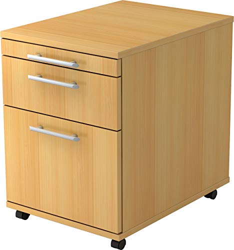 bümö® Rollcontainer in Buche mit 2 Schüben und Hängeregister Schublade | Bürocontainer aus Holz | Tischcontainer mit Rollen | Büro Container für Ihren Schreibtisch