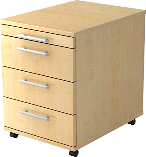 bümö® Rollcontainer in Ahorn mit 3 Schüben und Schreibwaren Schublade | Bürocontainer aus Holz | Tischcontainer mit Rollen | Büro Container für Ihren Schreibtisch