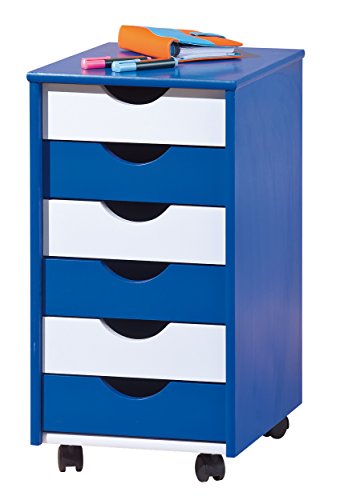 Inter Link – Rollcontainer – Rollcontainer mit 6 Schubladen – Bürocontainer - Rollschrank – Rollwagen – Schubladenkommode - Massiv Kieferholz – Blau/Weiß Lackiert – BxTxH: 35x39x66 cm – Beppo