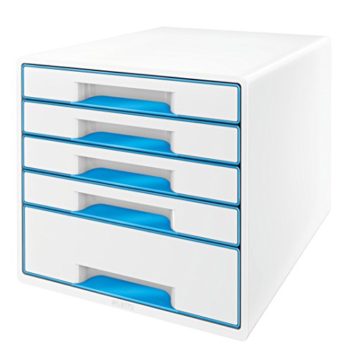 Leitz CUBE Schubladenbox mit 5 Schubladen, Weiß/Blau, A4, Inkl. transparentem Schubladeneinsatz, WOW, 52142036
