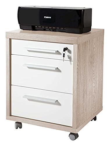 Möbel Jack Rollcontainer Schubladenschrank mobiler Aktenschrank Büroschrank | Dekor | Eiche Sanremo | Weiß Hochglanz | 3 Schubladen | Abschließbar