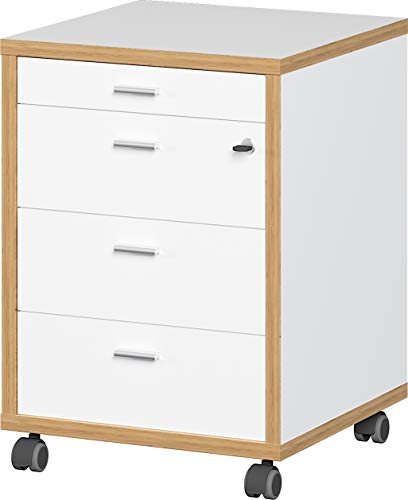 Amazon Marke - Alkove Rollcontainer Swanton, ideal für Home Office, in Weiß/Navarra-Eiche-Nachb ildung, in skandinavischem Design, 43 x 59 x 44 cm (BxHxT)