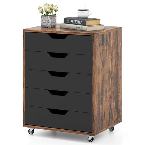 COSTWAY 5 Schubladen, mobiler Rädern, Bürocontainer Schubladenschrank Rollschrank Rollwagen, Schubladenkommode Zuhause (Braun)